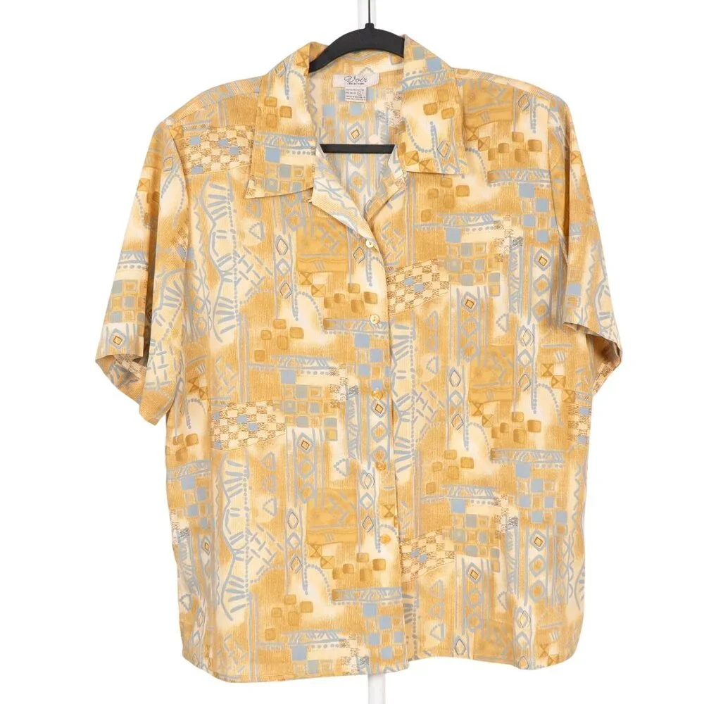 Voir Collection VTG Button Up Shirt XL Womens Yellow Blue Geometric Short Sleeve - Picture 1 of 5